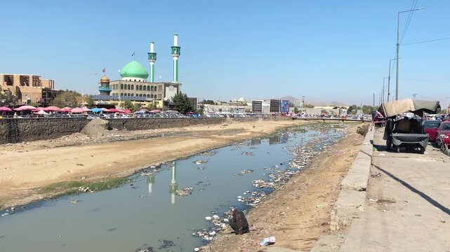Kabul, Afghanistan - 11 th october, 2023: Pul-e Kheshti mosque monument by Pashtun bazaar market in city center