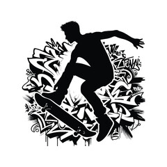 Skateboarding, longboarding  male player in graffiti tags, street art pattern illustration, emblem shield badge