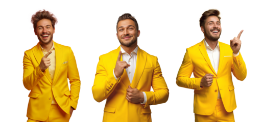Look here. Handsome happy young men in yellow suit, showing with pointing finger something. Check this out. Isolated background, png