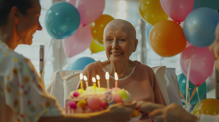 Senior woman with cancer celebrating birthday in hospital room