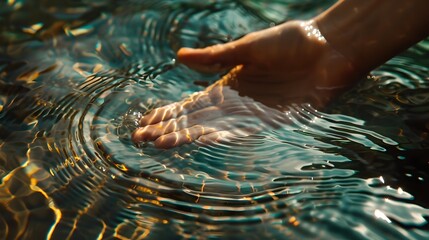 Hand in the water with ripples. Selective focus. nature.
