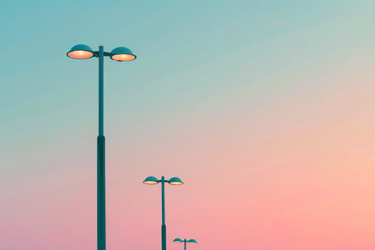 minimalistic background of solar street lamps under pastel sky