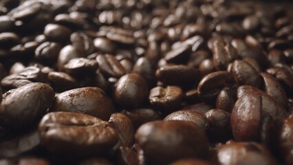 Macro shot of super slow motion shot of fresh coffee bean placed with black background. Close up of piles of aromatic roasted coffee seed surrounded. Macrography. Beans scattering around. Comestible.