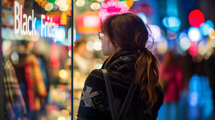 Obraz premium Woman gazing at a store window with Black Friday sale signs, surrounded by festive city lights. Ideal for retail, holiday shopping, and urban nightlife themes.