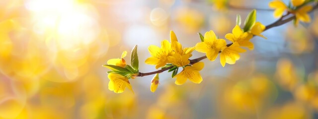 Obraz premium A sunlit branch adorned with yellow flowers