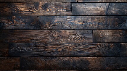 Dark wooden planks with natural grain patterns. Rustic and textured wood background. Suitable for walls, flooring, and furniture. Interior design and decor concept for rustic and modern projects.