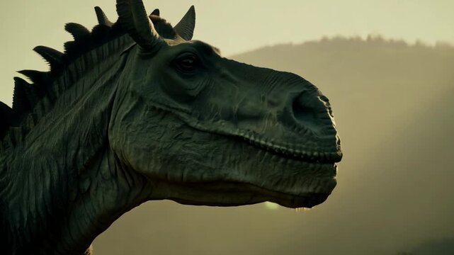 The camera tilts to focus on a Triceratops' face, emphasizing its serious expression. The background blurs, highlighted by natural light and sidelights, creating a striking and intense scene