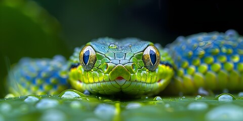 Fototapeta premium Snake in nature, in green leaves. Concept of the symbol of the New Year 2025 - green Wooden Snake according to the Eastern (Chinese) calendar.