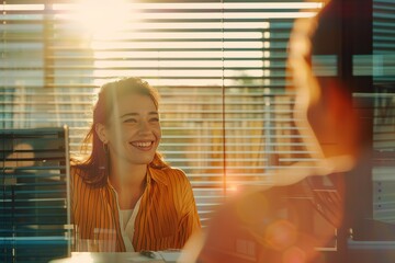 Smiling customer service agent assisting a client in a bright, open space with copy space.