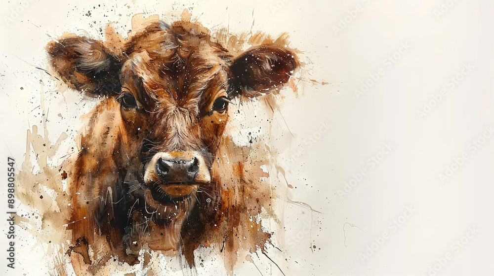 Wall mural a painted portrait of a rustic brown cow, adorned with speckled patches