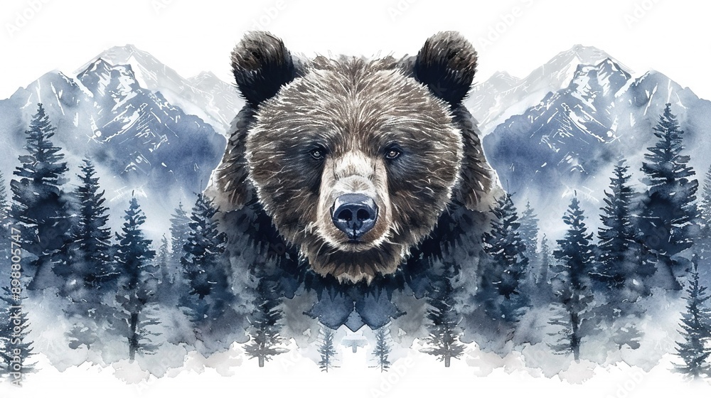 Wall mural watercolor portrait of a bear head amidst towering pines against a snowy backdrop, capturing the ess