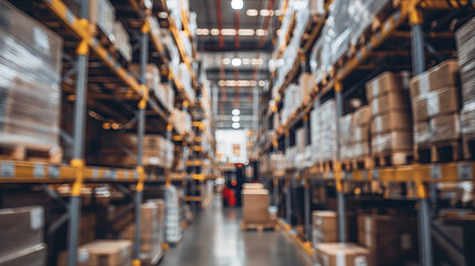 Fototapeta premium Retail warehouse full of shelves with goods in cartons, with pallets and forklifts. Logistics and transportation blurred background. Product distribution center
