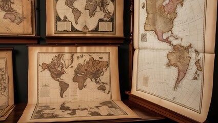 Antique Map Collection Displayed on a Wooden Table with Detailed Vintage Cartography

