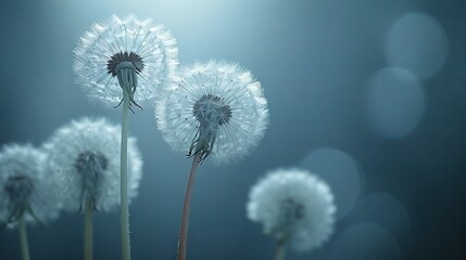   A blue background with blurred dandelions blowing in the wind