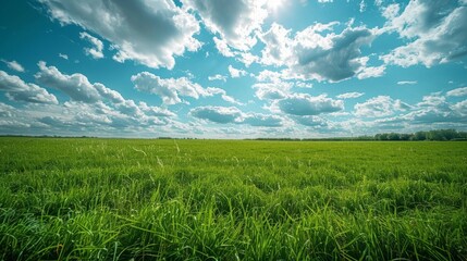 Fototapeta premium Scenic rural field under a bright cloudy sky in late spring
