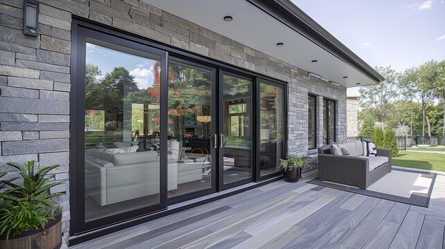 Close up of modern aluminum frame sliding patio door in sunny outdoor space