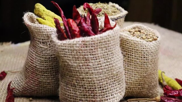 A blend of traditional Indian spices dry red chili, turmeric, cumin and coriander  in a small sack of jute isolated over white background. Brown bags with different spices in black background 4k video