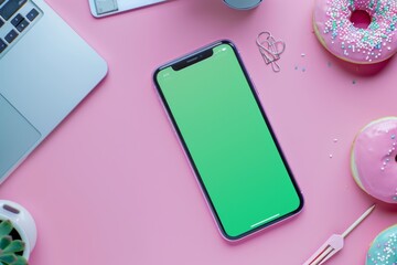 Closeup of an iPhone with a green screen, pink donuts, and office supplies on a pink desk