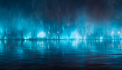 Bright city lights on the horizon reflecting off water at night