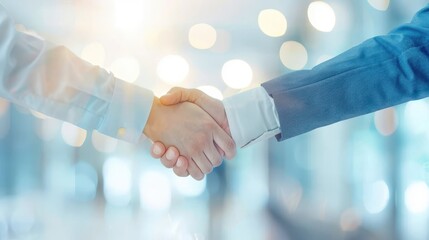 Business handshake in a professional setting with bokeh lights, representing partnership and agreement.