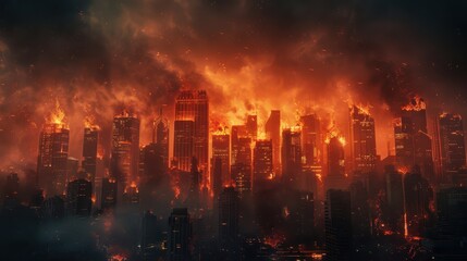 Skyscrapers engulfed in flames and smoke at night, creating a scene of urban destruction and chaos.