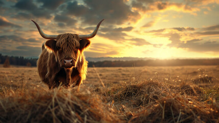 A cute adult and highland cow is standing in dry hay during sunset with a beautiful skyscape; a spring background with copy space and sun rays 
