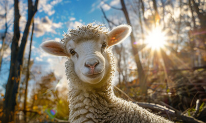 Obraz premium A cute baby sheep looking at the camera while standing in a forest during the day with a beautiful skyscape; a spring background with copy space and sun rays 