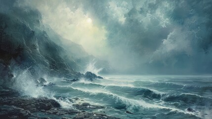 Fototapeta premium Sea mist blanketing rocky shore at dawn