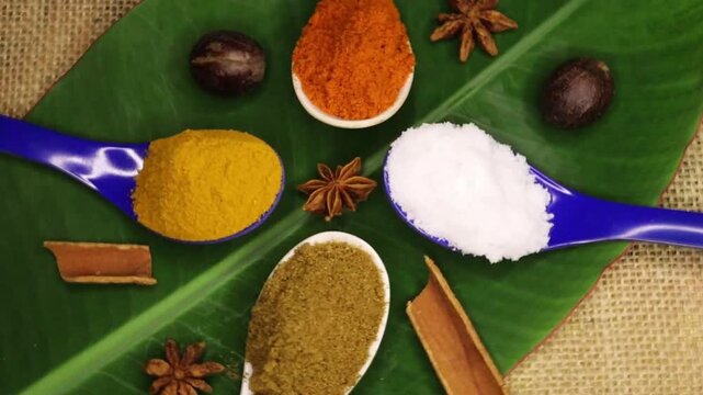 Different cooking ingredients like turmeric, red chili, cumin and coriander power with salt on spoon on rotating board close up 4k footage. Medicinal, Ayurvedic, herbal treatment concept.