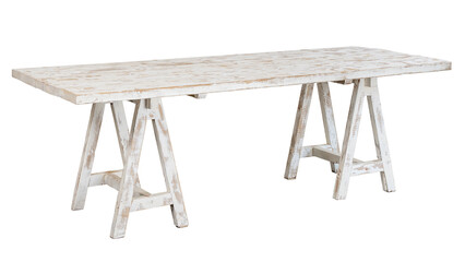 table with top in white shaded rough boards, on trestles. Isolated white background