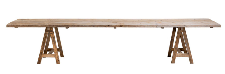 table with top in rough boards, on trestles. Isolated white background