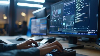 Hands typing, computer screen, work interface, focused, organized workspace