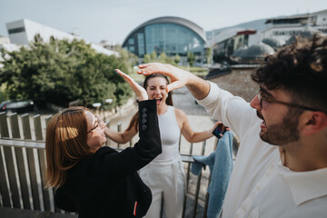 Cheerful business teammates celebrating a success with high fives outdoors. They are sharing a...