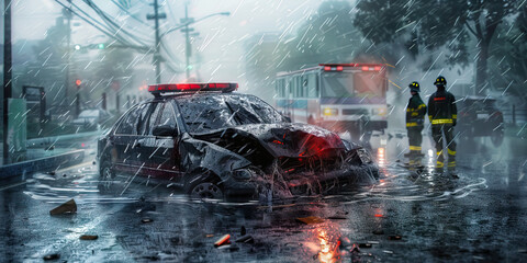 A Car Accident in the Rain: A crumpled vehicle is surrounded by emergency personnel, water pouring off the windshield and hood
