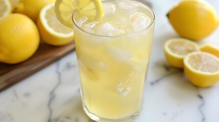 Refreshing Lemonade with Lemon Slice and Ice Cubes