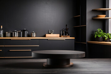 empty black round table with kitchen background for product display