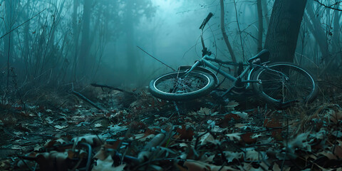 Obraz premium A Spooky Bike Accident: A child's bike lies abandoned in a spooky, foggy forest with a deflated tire and a missing training wheel