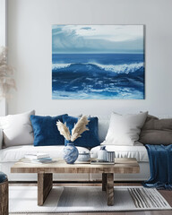 living room in expensive condo development with blue and ocean wave  color theme sofa and wall paper and ocean waves painting  art work on the wall 