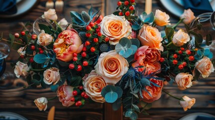 Elegant floral arrangement on wooden table for an intimate gathering