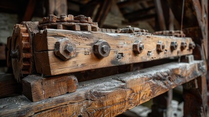 Antiquated wooden grain lifting mechanism in historic milling facility