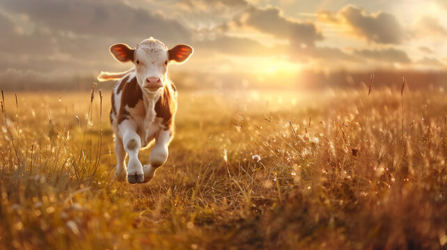 A cute baby cow is running in in a meadow during golden hour with a beautiful skyscape; a spring background with copy space and sun rays 