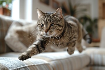 Naklejka premium Energetic tabby cat mid-leap on a cozy couch, capturing a playful and active moment indoors with a homey background.