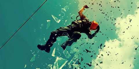 A Dizzying Fall: A worker dangles from a rope after falling from a ladder, their hard hat lying shattered on the ground below.