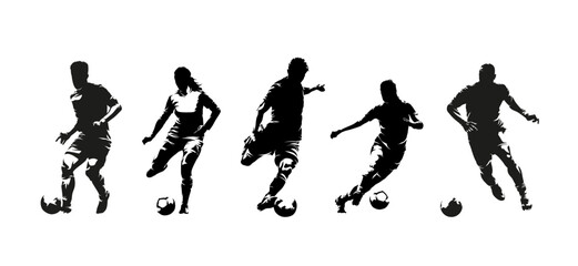 Football players, men and women playing soccer, group of people, isolated vector silhouettes