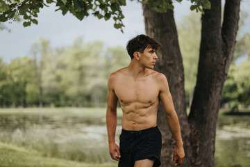 Athletic young man exercising shirtless in a park, showcasing physical fitness and wellness in a natural environment.