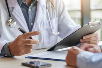 A doctor is having an interview with his patient, the medical company background, white coat and stethoscope on him, close up of hands pointing to paper clip board in front of them Generative AI
