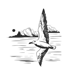 Seagull flying over the sea and mountains. Black and white hand drawn illustration.