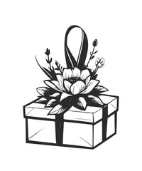 Gift box with ribbon and flowers. Black and white hand drawn illustration.