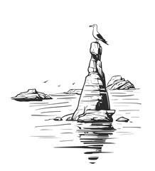 Seagull sitting on a rock. Seascape with mountains. Black and white hand drawn illustration.