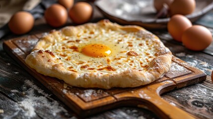 Traditional Ajarian khachapuri preparation with Suluguni cheese and egg yolk on a wooden table with a rolling pin